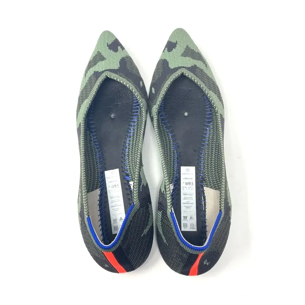 Rothy’s Camouflage Pointed Flats Olive Army Green Orange Knit Shoes 9.5